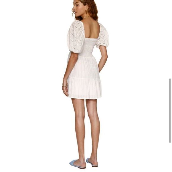 HEARTLOOM Cella Embroidered Eyelet Puff Sleeves Smocked Tiered Mini Dress NWT M - Picture 2 of 12